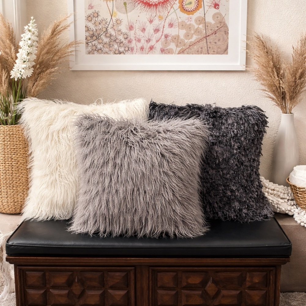 Set of 3 Faux Fur Throw Pillows Ultra Soft Decorative Accent Cushions